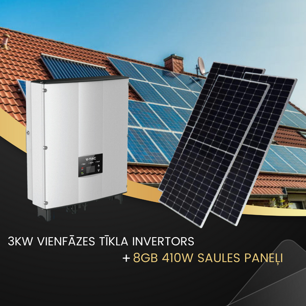 KIT 3 KW single-phase mains inverter. Registered in "Sadales Tīkla" as V-TAC Exports Limited VT-6603105, Five-year warranty. IP66 and 8gb 410W Solar panels with 10-year warranty, 31.46V, size 1722x1134x35mm, 21.5kg, 1m cable, V-TAC