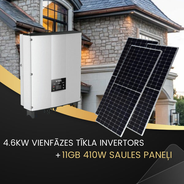 KIT 4.6 KW single-phase mains inverter. "Sadales Tīkla" is registered as V-TAC Exports Limited VT-6605105, Five-year warranty. IP66. and 11pcs 410W Solar panels with 10-year warranty, 31.46V, size 1722x1134x35mm, 21.5kg, 1m cable, V-TAC