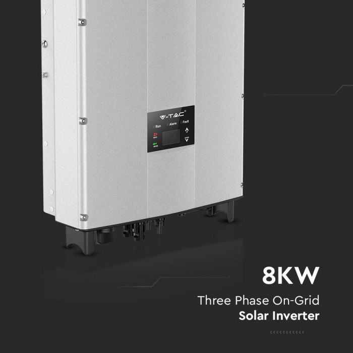 8.8 KW trīsfāžu tīkla invertors. "Sadales Tīkla" verificēts, reģistrēts kā V-TAC Exports Limited VT-6608305, pieejams izvēlei. Piecu gadu garantija. IP65