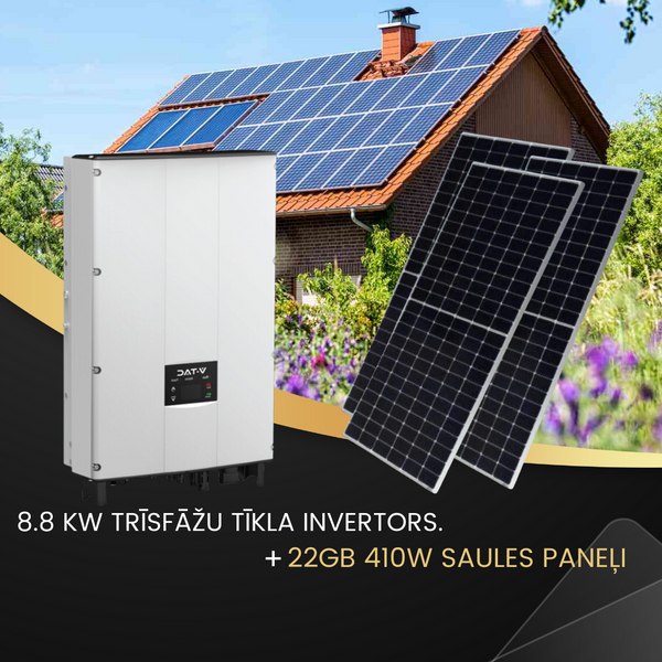 KIT 8.8 KW 3F inverter. Registered in "Sadales Tīkla" as V-TAC Exports Limited VT-6608305, five-year warranty. IP65 and 22gb 410W Solar panels with 10-year warranty, 31.46V, size 1722x1134x35mm, 21.5kg, 1m cable, V-TAC 
