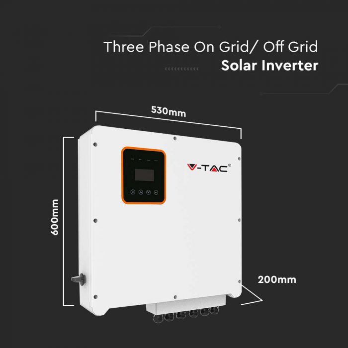 8 KW kolmefaasilise võrgu hübriidinverter, mis on registreeritud jaotusvõrgus V-TAC Exports Limited VT-6608303. IP66