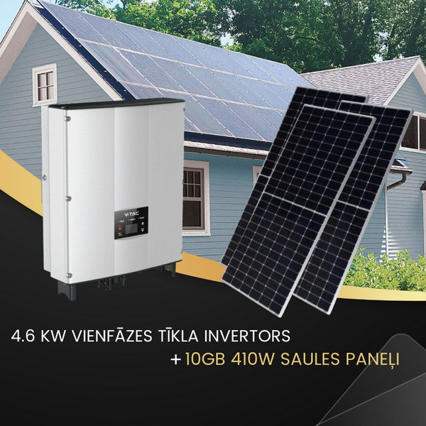 KIT 4.6 KW single-phase mains inverter. Registered in "Sadales Tīkla" as V-TAC Exports Limited VT-6605110, ten year warranty. IP66 and 10gb 410W Solar panels with 10-year warranty, 31.46V, size 1722x1134x35mm, 21.5kg, 1m cable, V-TAC