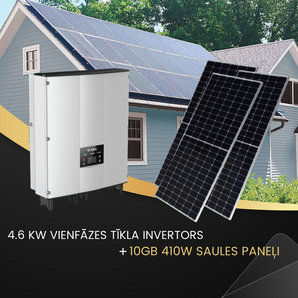 KOMPLEKTS 4.6 KW vienfāzes tīkla invertors. "Sadales Tīklā" reģistrēts kā V-TAC Exports Limited VT-6605110, desmit gadu garantija. IP66 un 10gb 410W Saules paneļi ar 10 gadu garantiju, 31.46V,izmērs 1722x1134x35mm,21.5kg, 1m kabelis, V-TAC