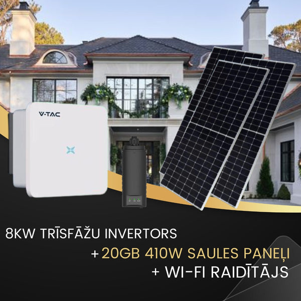 KIT 8 KW Three-phase Network Certified (VT-6608310) Inverter. Ten-year warranty. IP66 and 20gb- 410W Solar panel with 10-year warranty, 31.46V, size 1722x1134x35mm, 21.5kg, 1m cable, V-TAC, Only with pickup in the LEDakcijas.lv store in Riga 