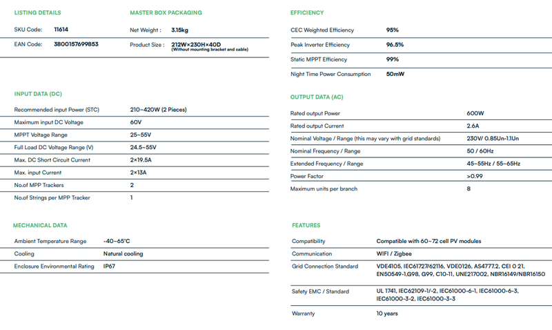 DEYE SUN600G3 600W Mikroinvertors, 1 fāze, 230VAC