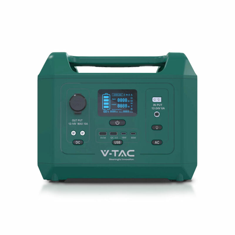 Portabel laddstation/batteri med EU-uttag, V-TAC 600W batterikapacitet 576Wh, 45Ah/12,8V, vikt 7,8kg, effekt 600W