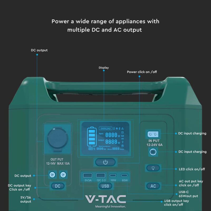 Portabel laddstation/batteri med EU-uttag, V-TAC 600W batterikapacitet 576Wh, 45Ah/12,8V, vikt 7,8kg, effekt 600W