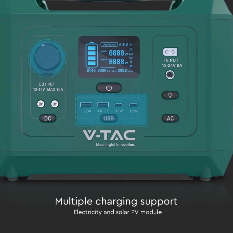 Portabel laddstation/batteri med EU-uttag, V-TAC 600W batterikapacitet 576Wh, 45Ah/12,8V, vikt 7,8kg, effekt 600W