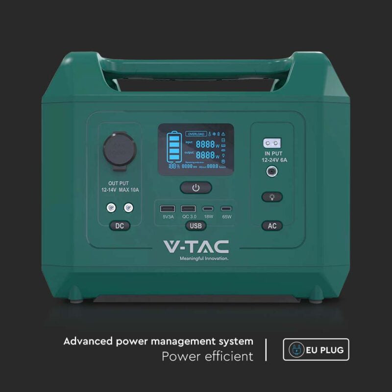 Portabel laddstation/batteri med EU-uttag, V-TAC 600W batterikapacitet 576Wh, 45Ah/12,8V, vikt 7,8kg, effekt 600W