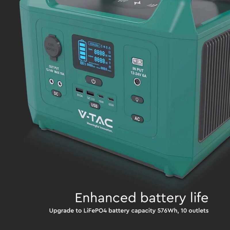 Portabel laddstation/batteri med EU-uttag, V-TAC 600W batterikapacitet 576Wh, 45Ah/12,8V, vikt 7,8kg, effekt 600W