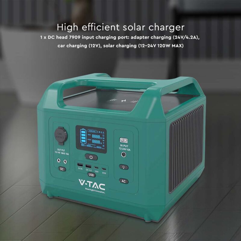 Portabel laddstation/batteri med EU-uttag, V-TAC 600W batterikapacitet 576Wh, 45Ah/12,8V, vikt 7,8kg, effekt 600W