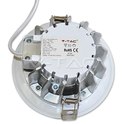 20W(1700Lm) LED COB infälld takarmatur, V-TAC, IP20, rund, vit, kallvitt ljus 6000K