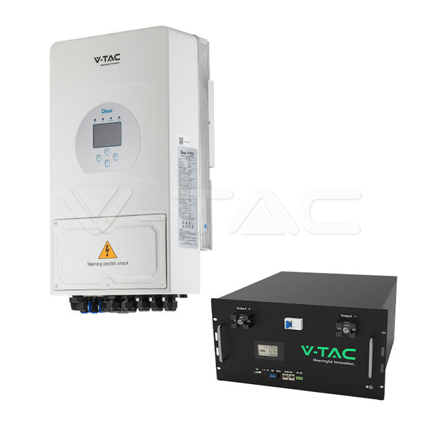 V-TAC vienfāzes invertora komplekts Deye 6 kW (modelis 11529) ar 9,6 kWh akumulatoru (modelis 11523)