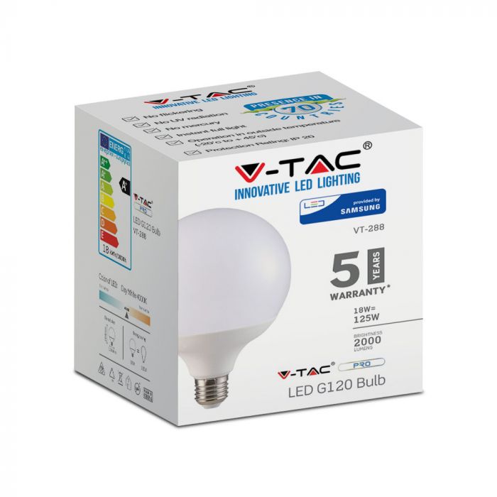 E27 18W(2000Lm) LED Spuldze, V-TAC SAMSUNG, G120, V-TAC, auksti balta gaisma 6400K