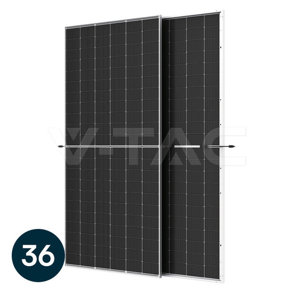 610 W bifaciālais monokristāliskais saules panelis ar dubulto stiklu, 2382 × 1134 × 30 mm, N-Type I-TOPCon tehnoloģija, palete – 36 gab.