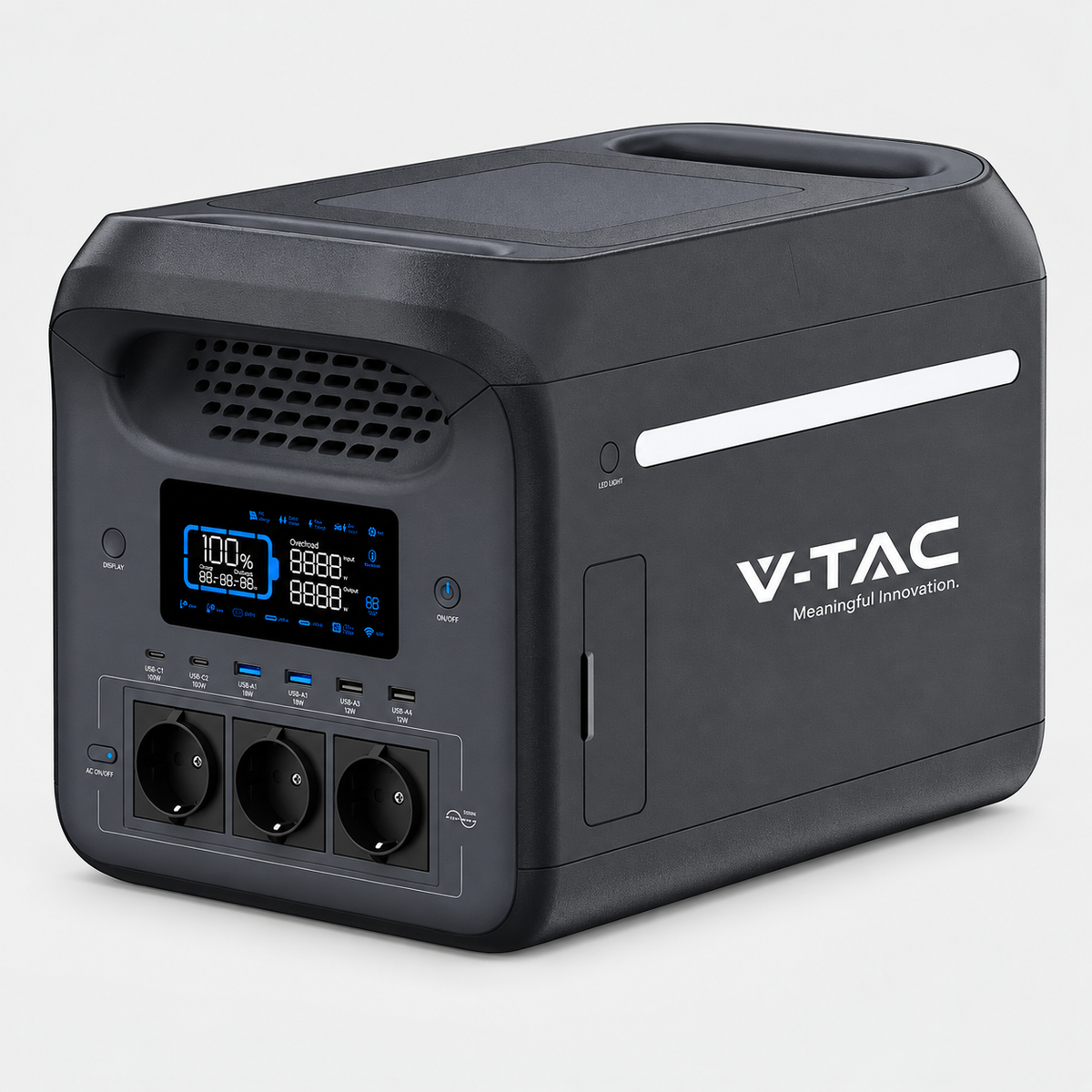 Портативная зарядная станция V-TAC мощностью 1800 Вт / 1229 Вт·ч с аккумулятором LiFePO4 и Wi-Fi