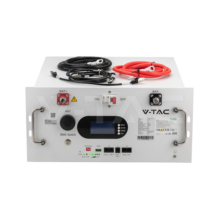 V-TAC 9,6 kWh LiFePO4 akumulators VT-91600 statīva montāžai ar Wi-Fi, 48 V, 6000 cikli, 10 gadu garantija, balts