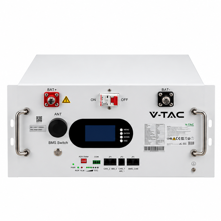 V-TAC 9,6 kWh LiFePO4 akumulators VT-91600 statīva montāžai ar Wi-Fi, 48 V, 6000 cikli, 10 gadu garantija, balts