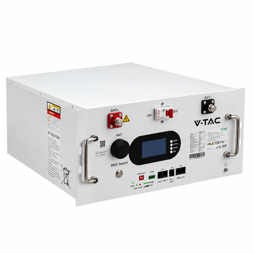 V-TAC 9,6 kWh LiFePO4 akumulators VT-91600 statīva montāžai ar Wi-Fi, 48 V, 6000 cikli, 10 gadu garantija, balts