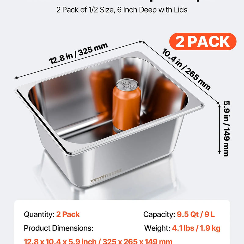 Nerūsējošā tērauda tvaika gastronomijas trauki ar vākiem, 1/2 izmērs, dziļums 148 mm, tilpums 9 l, 2 gab. komplekts