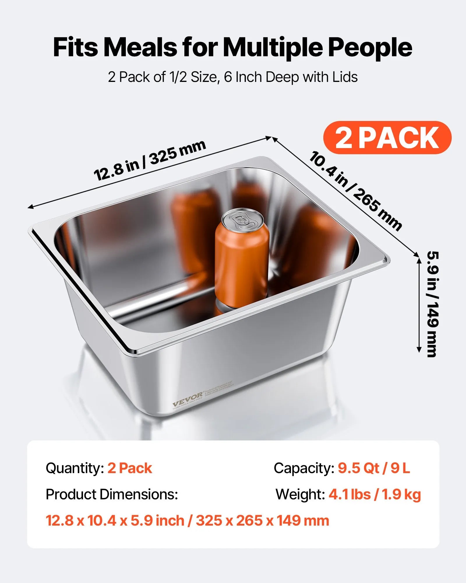 Nerūsējošā tērauda tvaika gastronomijas trauki ar vākiem, 1/2 izmērs, dziļums 148 mm, tilpums 9 l, 2 gab. komplekts