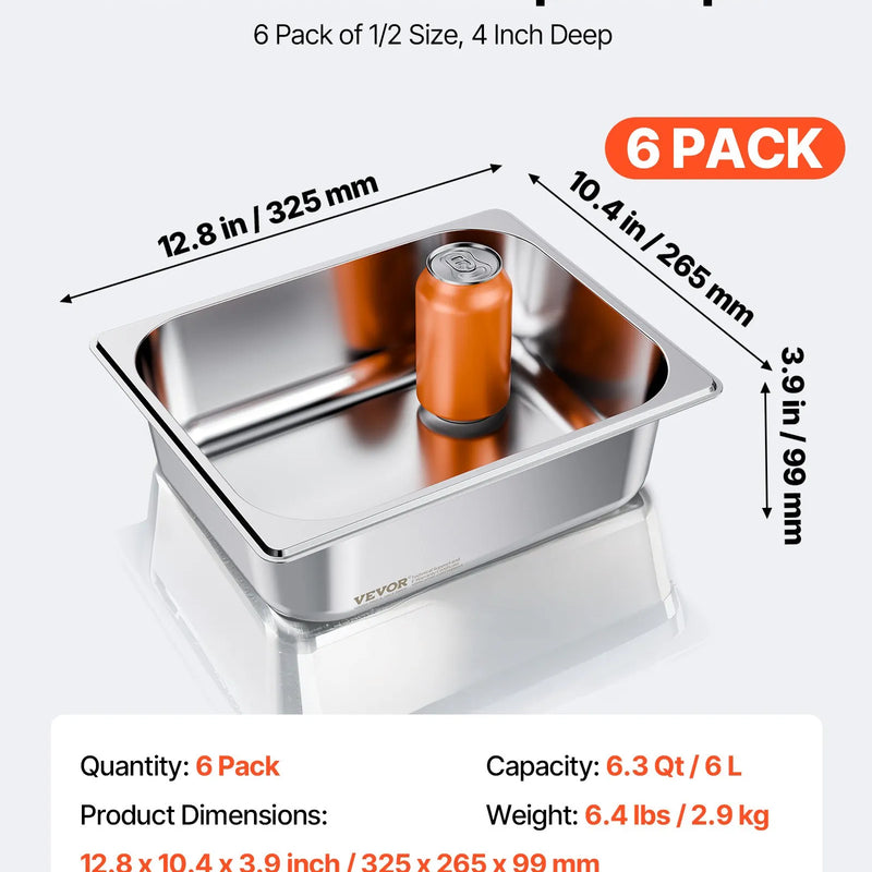 Nerūsējošā tērauda gastronomijas trauki, 1/2 izmērs, dziļums 98 mm, tilpums 6 l, 6 gab. komplekts