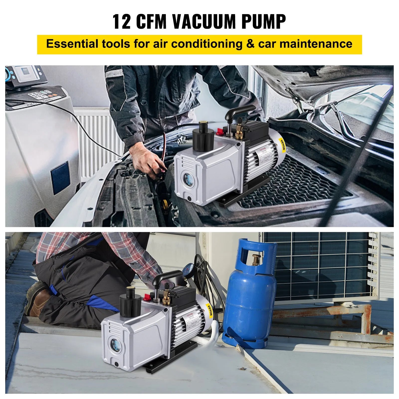 VEVOR vienpakāpes vakuumsūknis, gaisa plūsma 717 l/min (12 CFM), ieplūdes ports 6,35 mm (SAE 1/4)