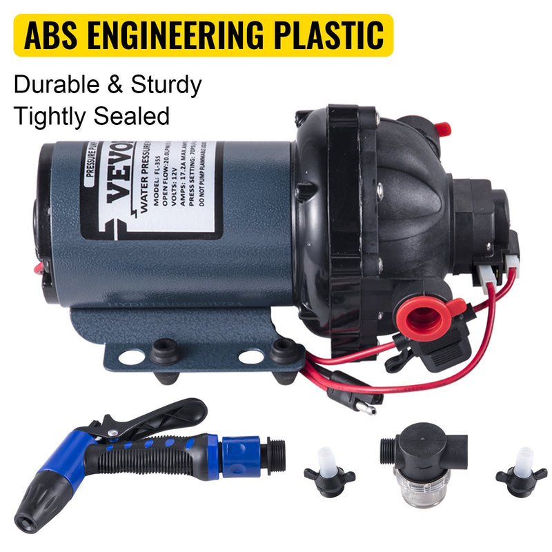 VEVOR mazgāšanas sūknis 12 V, 20,8 l/min, 4,8 bar, ar EPDM vārstu, jūras ūdens filtru un iekšējo/ārējo vītni