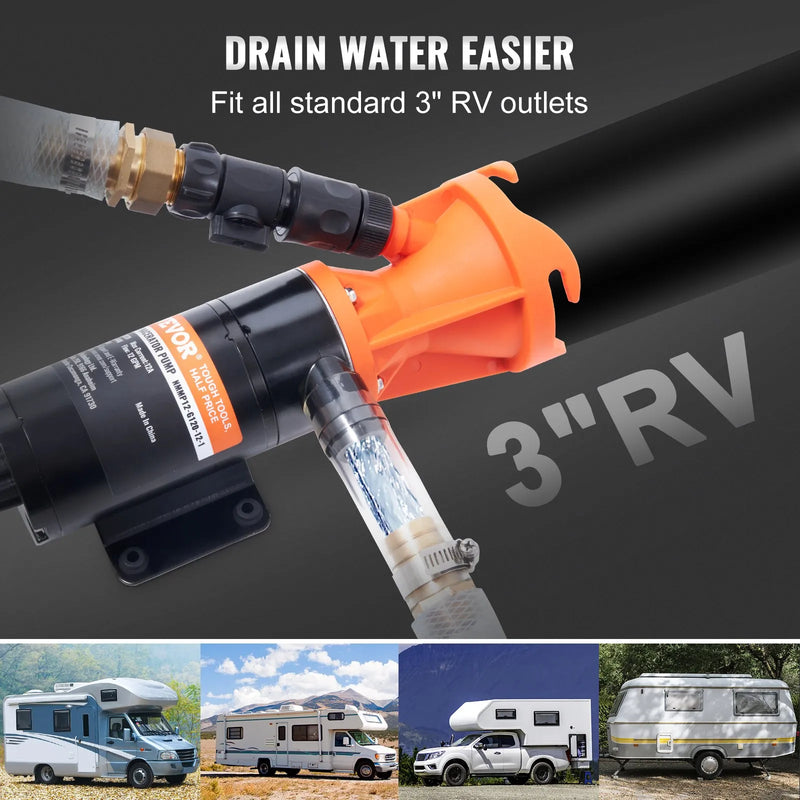 VEVOR portatīvais RV fekāliju smalcinātājsūknis 12 V, notekūdeņu sūknis ar ātro noņemšanu, plūsma 45,4 l/min, noņemams ātrās pieslēgšanas vārsts, metāla šļūtenes skava un barošanas kabelis, paredzēts kemperiem, laivām un dzīvojamajiem auto