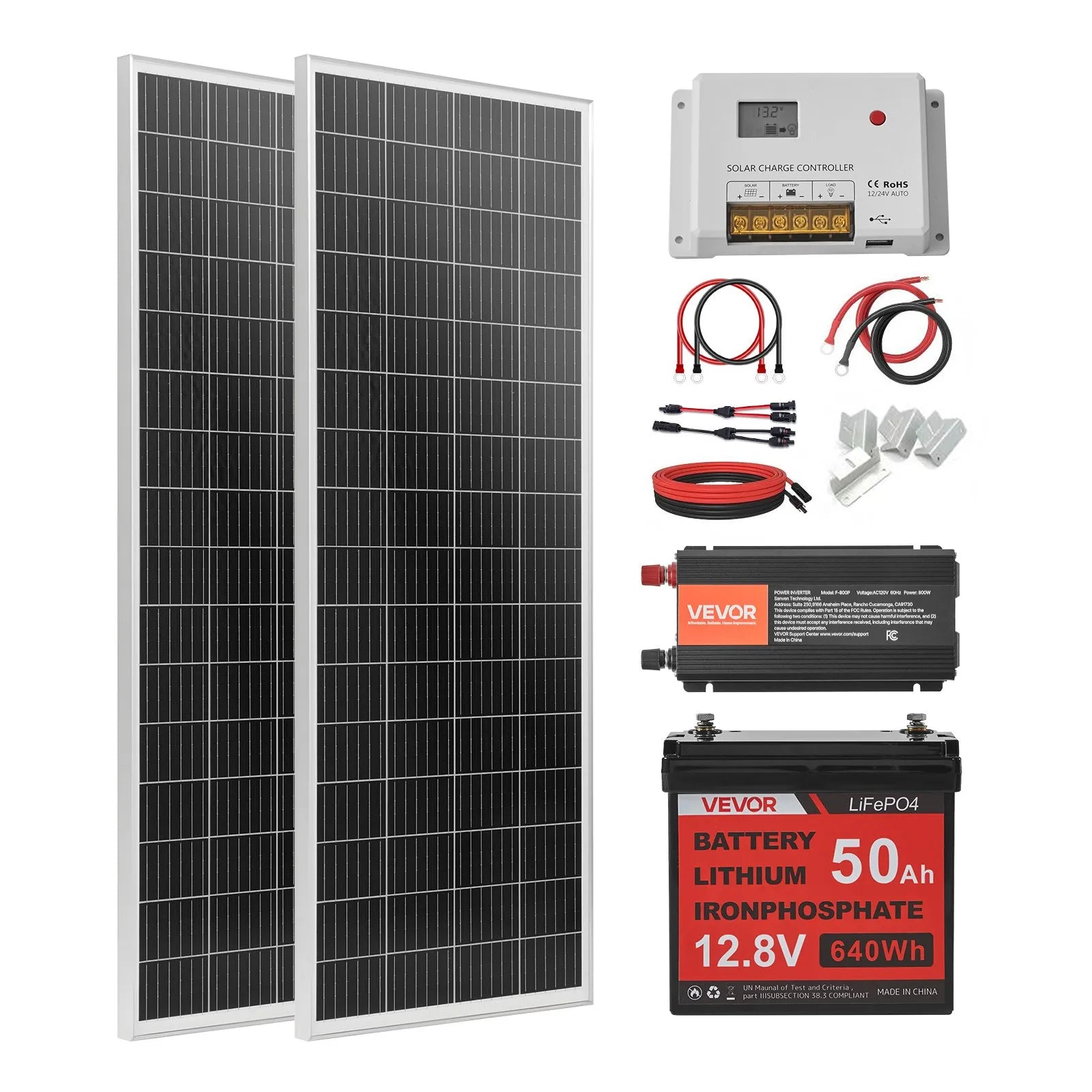 VEVOR 200 W 12 V pilns saules enerģijas komplekts, 2 × 100 W monokristāliski saules paneļi, 12,8 V 50 Ah LiFePO₄ akumulators, 40 A uzlādes kontrolieris un 800 W strāvas invertors RV, mājai, kempingam, laivai un autonomai energoapgādei