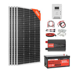 VEVOR 800 W 12 V pilns saules enerģijas komplekts, 4 × 200 W monokristāliski saules paneļi, 12,8 V 300 Ah LiFePO₄ akumulators, 60 A MPPT uzlādes kontrolieris un 2000 W strāvas invertors mājai, mazai saimniecībai, namiņam un autonomai energoapgādei