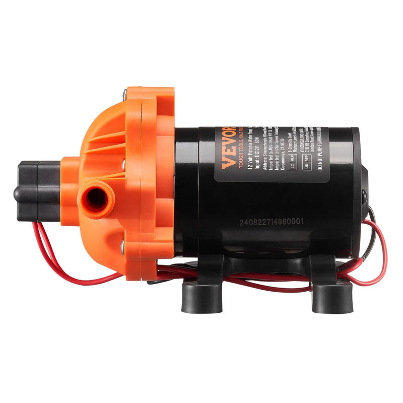 VEVOR 12 V diafragmas sūknis, 6,81 l/min, trīskameru 12 V līdzstrāvas ūdens sūknis ar automātisku spiediena slēdzi 2,7–6,9 bar (regulējams), nominālais spiediens 4 bar, 12,7 mm MNPT pieslēgums kemperiem, jahtām, ēdināšanas auto un kuģniecībai