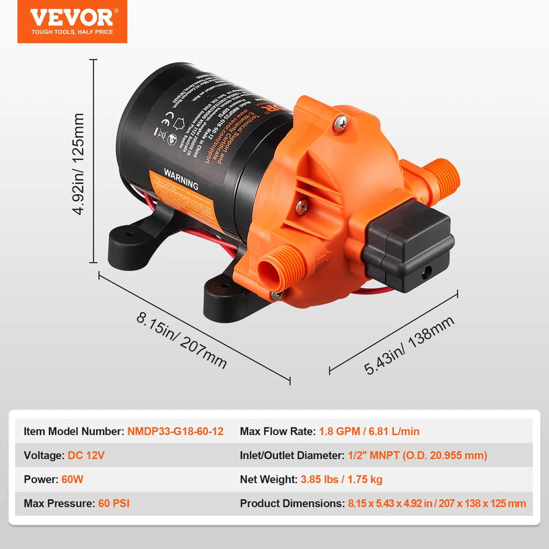 VEVOR 12 V diafragmas sūknis, 6,81 l/min, trīskameru 12 V līdzstrāvas ūdens sūknis ar automātisku spiediena slēdzi 2,7–6,9 bar (regulējams), nominālais spiediens 4 bar, 12,7 mm MNPT pieslēgums kemperiem, jahtām, ēdināšanas auto un kuģniecībai