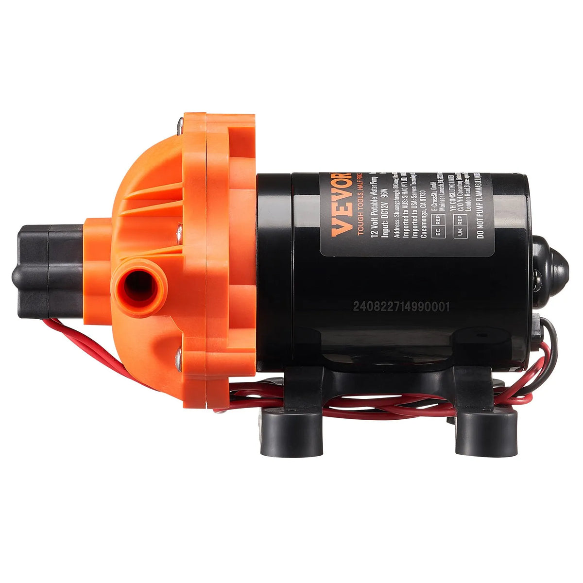 VEVOR 12 V diafragmas ūdens sūknis, 11,36 l/min, 3 kameru konstrukcija, automātisks spiediena slēdzis ar regulējamu spiedienu 2,7–6,9 bar, nominālais spiediens 3,4 bar, 12,7 mm MNPT pieslēgums