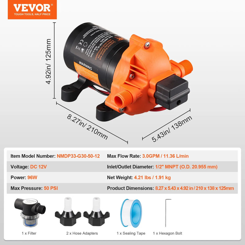 VEVOR 12 V diafragmas ūdens sūknis, 11,36 l/min, 3 kameru konstrukcija, automātisks spiediena slēdzis ar regulējamu spiedienu 2,7–6,9 bar, nominālais spiediens 3,4 bar, 12,7 mm MNPT pieslēgums