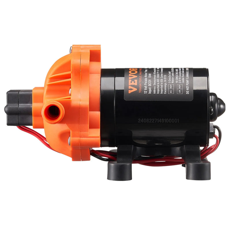 VEVOR 12 V diafragmas ūdens sūknis, 13,25 l/min, 3 kameru konstrukcija, automātisks spiediena slēdzis, regulējams spiediens 2,7–6,9 bar, nominālais spiediens 3,4 bar, 12,7 mm MNPT pieslēgums, kemperiem un kuģiem