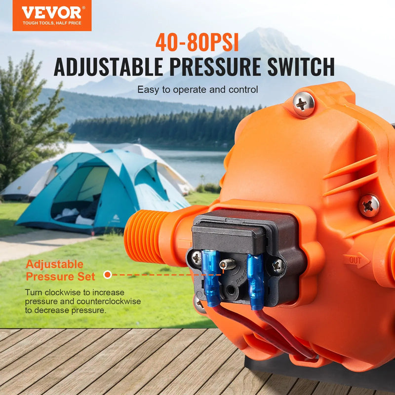 VEVOR 12 V diafragmas ūdens sūknis, 13,25 l/min, 3 kameru konstrukcija, automātisks spiediena slēdzis, regulējams spiediens 2,7–6,9 bar, nominālais spiediens 3,4 bar, 12,7 mm MNPT pieslēgums, kemperiem un kuģiem