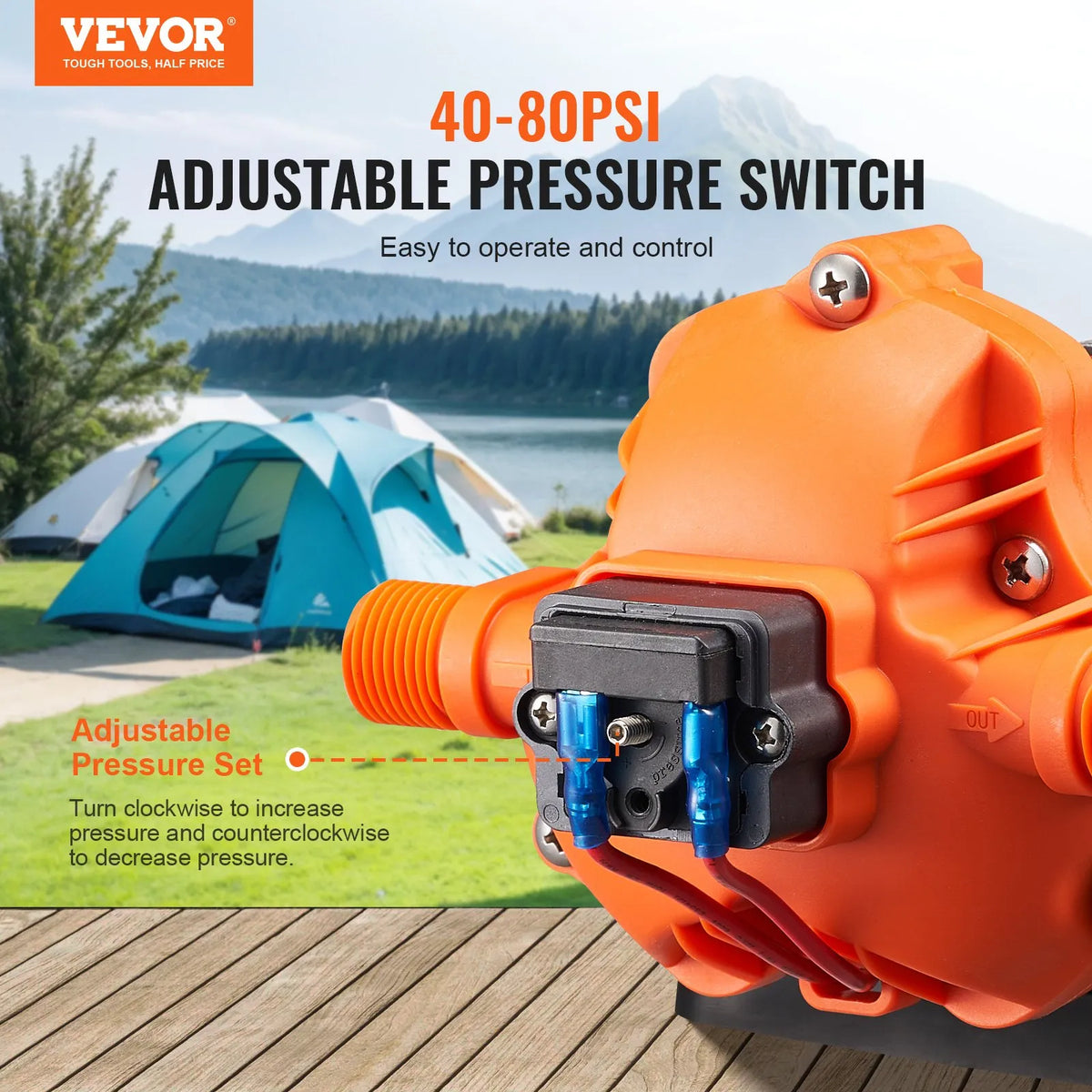 VEVOR 12 V diafragmas ūdens sūknis, 13,25 l/min, 3 kameru konstrukcija, automātisks spiediena slēdzis, regulējams spiediens 2,7–6,9 bar, nominālais spiediens 3,4 bar, 12,7 mm MNPT pieslēgums, kemperiem un kuģiem