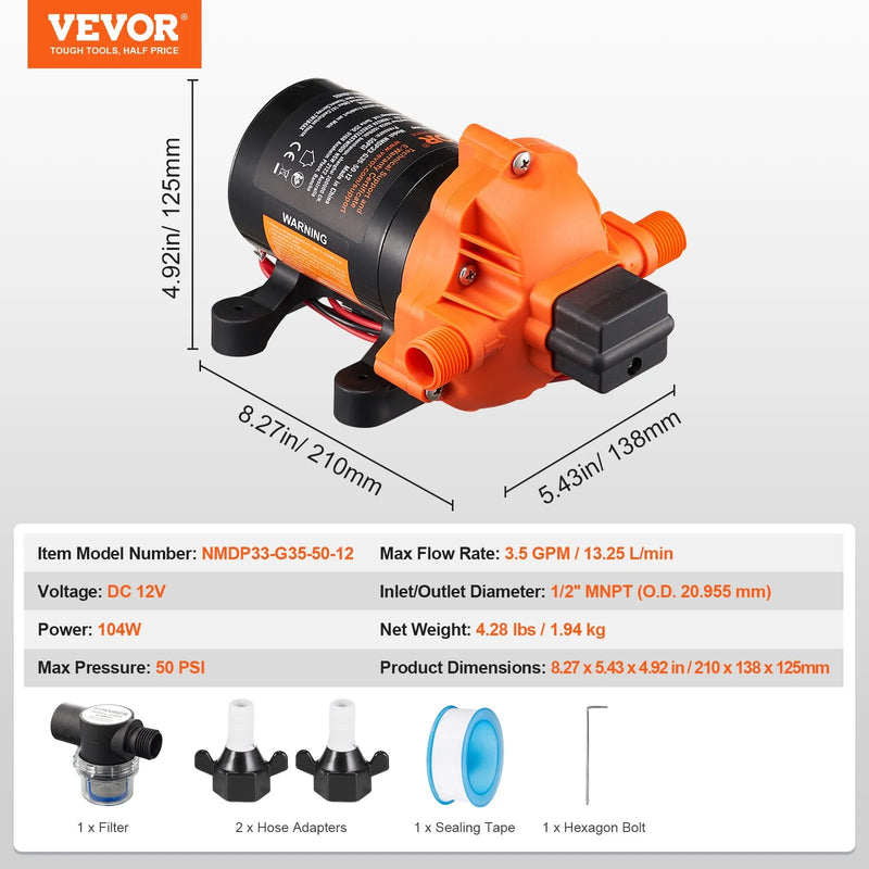 VEVOR 12 V diafragmas ūdens sūknis, 13,25 l/min, 3 kameru konstrukcija, automātisks spiediena slēdzis, regulējams spiediens 2,7–6,9 bar, nominālais spiediens 3,4 bar, 12,7 mm MNPT pieslēgums, kemperiem un kuģiem