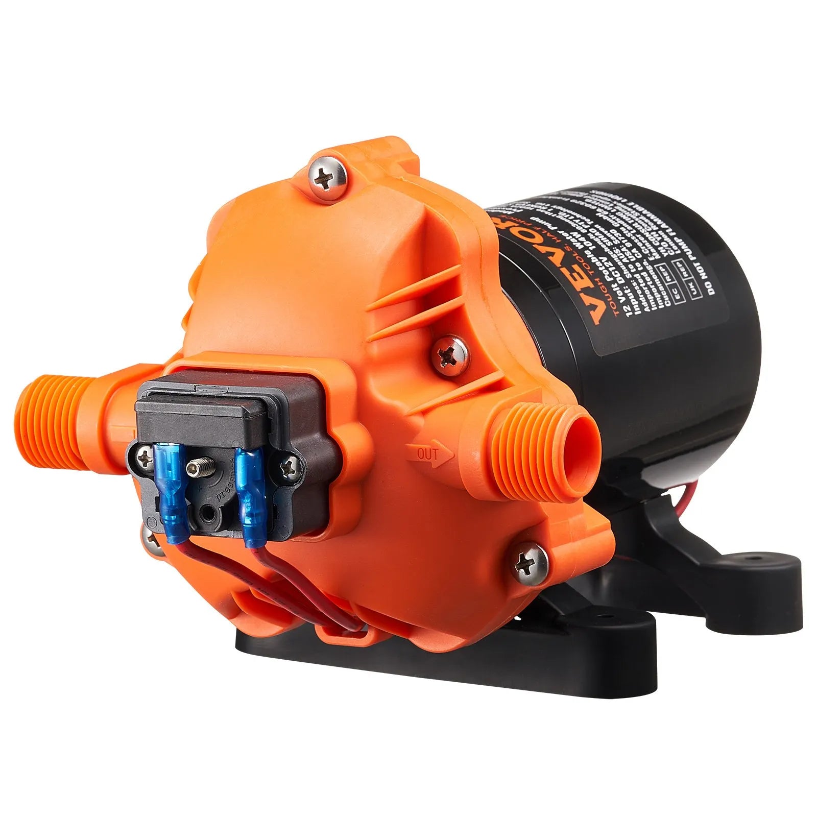 VEVOR 12 V diafragmas ūdens sūknis, 13,25 l/min, 3 kameru konstrukcija, automātisks spiediena slēdzis, regulējams spiediens 2,7–6,9 bar, nominālais spiediens 3,4 bar, 12,7 mm MNPT pieslēgums, kemperiem un kuģiem