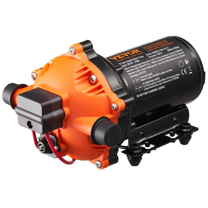VEVOR 12 V diafragmas sūknis – 18,93 l/min, 5 kameru 12 V DC ūdens sūknis ar automātisku spiediena slēdzi, regulējams spiediens 2,7–6,9 bar, 12,7 mm (1/2") MNPT pieslēgums, paredzēts lauksaimniecības apūdeņošanai un būvlaukumu drenāžai.