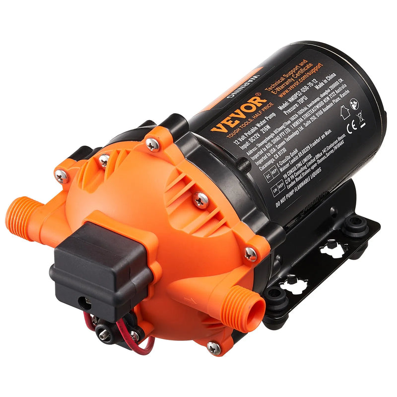 VEVOR 12 V diafragmas sūknis – 18,93 l/min, 5 kameru 12 V DC ūdens sūknis ar automātisku spiediena slēdzi, regulējams spiediens 2,7–6,9 bar, 12,7 mm (1/2") MNPT pieslēgums, paredzēts lauksaimniecības apūdeņošanai un būvlaukumu drenāžai.
