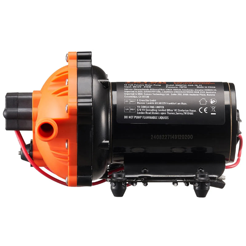 VEVOR 12 V diafragmas sūknis – 18,93 l/min, 5 kameru 12 V DC ūdens sūknis ar automātisku spiediena slēdzi, regulējams spiediens 2,7–6,9 bar, 12,7 mm (1/2") MNPT pieslēgums, paredzēts lauksaimniecības apūdeņošanai un būvlaukumu drenāžai.