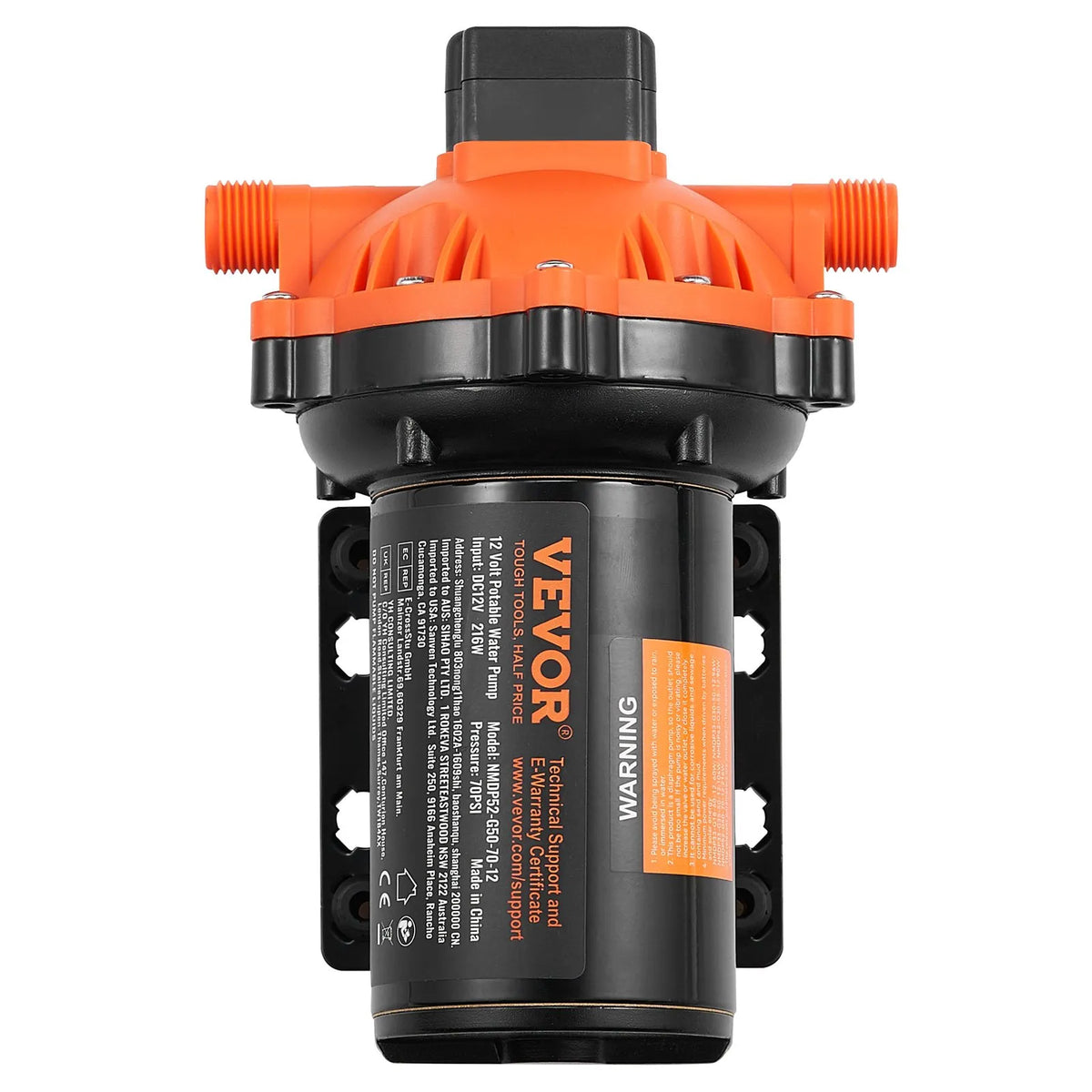 VEVOR 12 V diafragmas sūknis – 18,93 l/min, 5 kameru 12 V DC ūdens sūknis ar automātisku spiediena slēdzi, regulējams spiediens 2,7–6,9 bar, 12,7 mm (1/2") MNPT pieslēgums, paredzēts lauksaimniecības apūdeņošanai un būvlaukumu drenāžai.