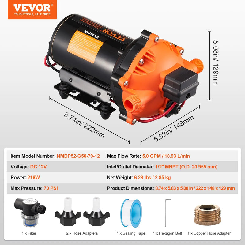 VEVOR 12 V diafragmas sūknis – 18,93 l/min, 5 kameru 12 V DC ūdens sūknis ar automātisku spiediena slēdzi, regulējams spiediens 2,7–6,9 bar, 12,7 mm (1/2") MNPT pieslēgums, paredzēts lauksaimniecības apūdeņošanai un būvlaukumu drenāžai.