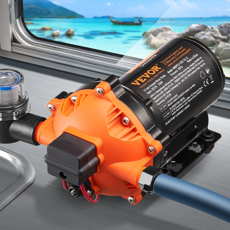 VEVOR 12 V diafragmas sūknis – 18,93 l/min, 5 kameru 12 V DC ūdens sūknis ar automātisku spiediena slēdzi, regulējams spiediens 2,7–6,9 bar, 12,7 mm (1/2") MNPT pieslēgums, paredzēts lauksaimniecības apūdeņošanai un būvlaukumu drenāžai.
