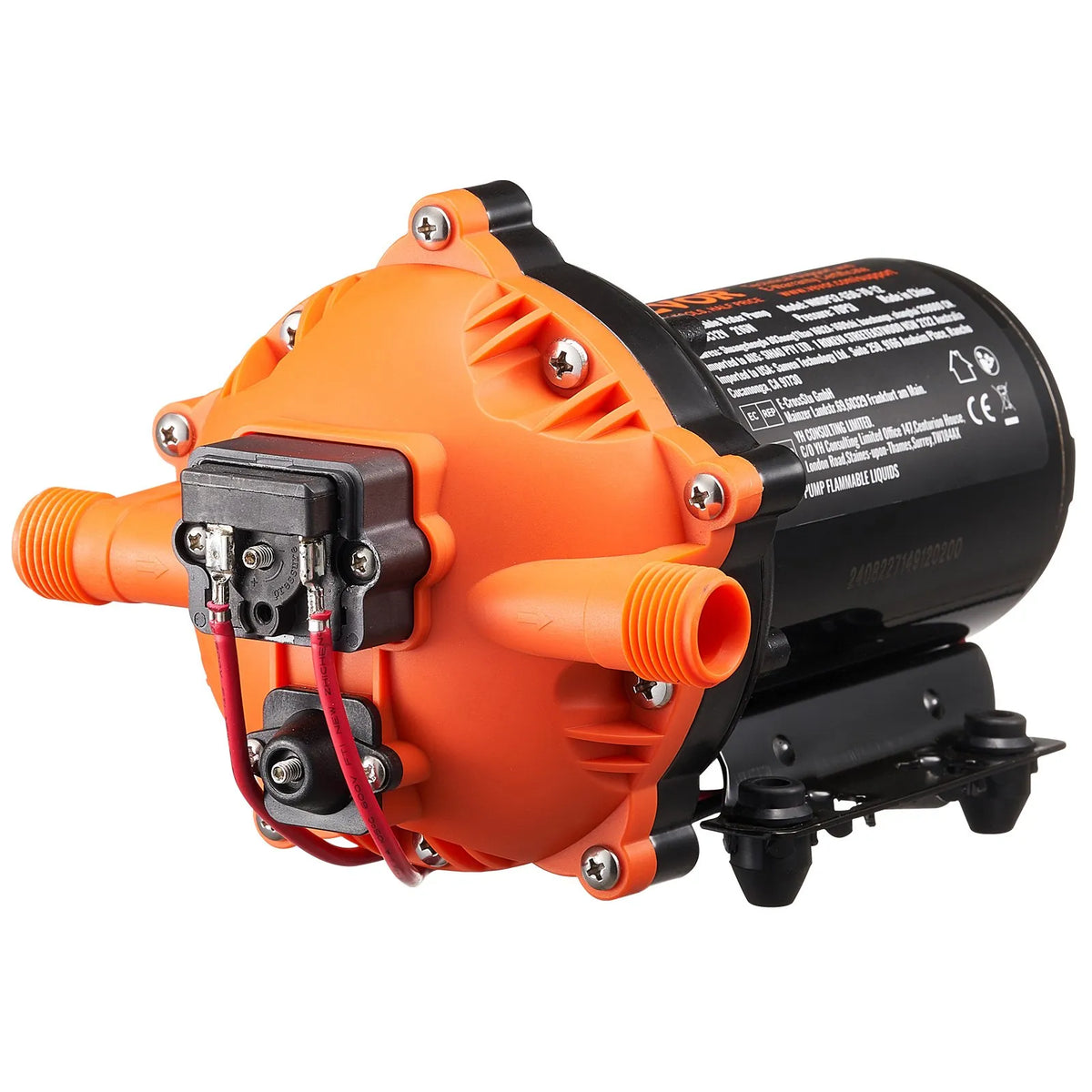 VEVOR 12 V diafragmas sūknis – 18,93 l/min, 5 kameru 12 V DC ūdens sūknis ar automātisku spiediena slēdzi, regulējams spiediens 2,7–6,9 bar, 12,7 mm (1/2") MNPT pieslēgums, paredzēts lauksaimniecības apūdeņošanai un būvlaukumu drenāžai.