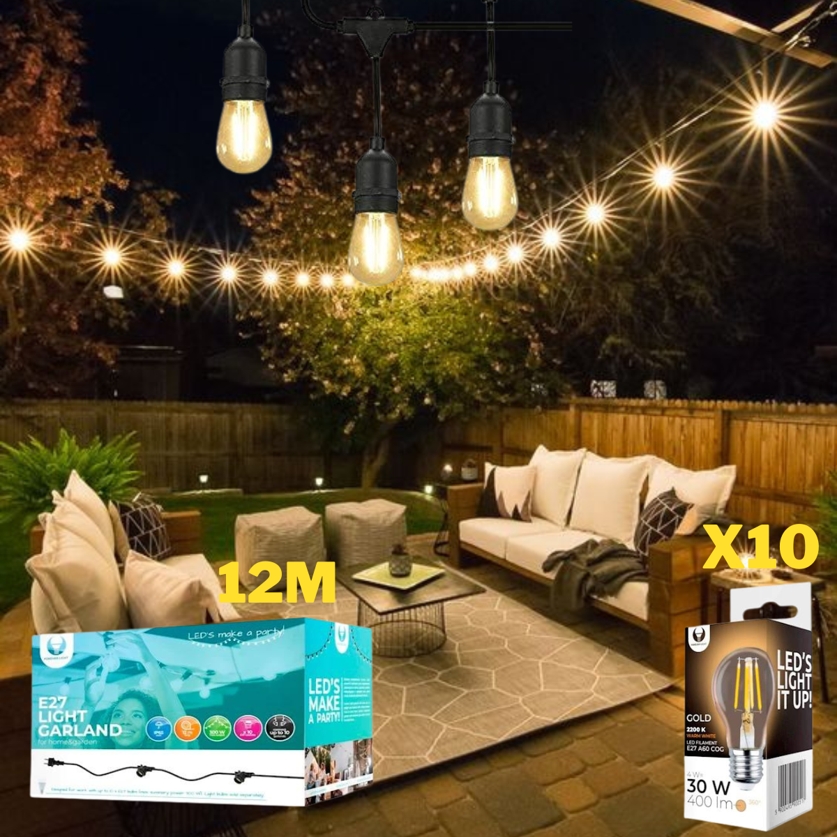 12 meetri veekindel nöör koos 10 lambiga LED hõõgniit 4W (400Lm) A60 kuju merevaigukollane, soe valge 2200K, nöör ELi pistikuga alguses ja pitseeritud pistikupesa lõpus.