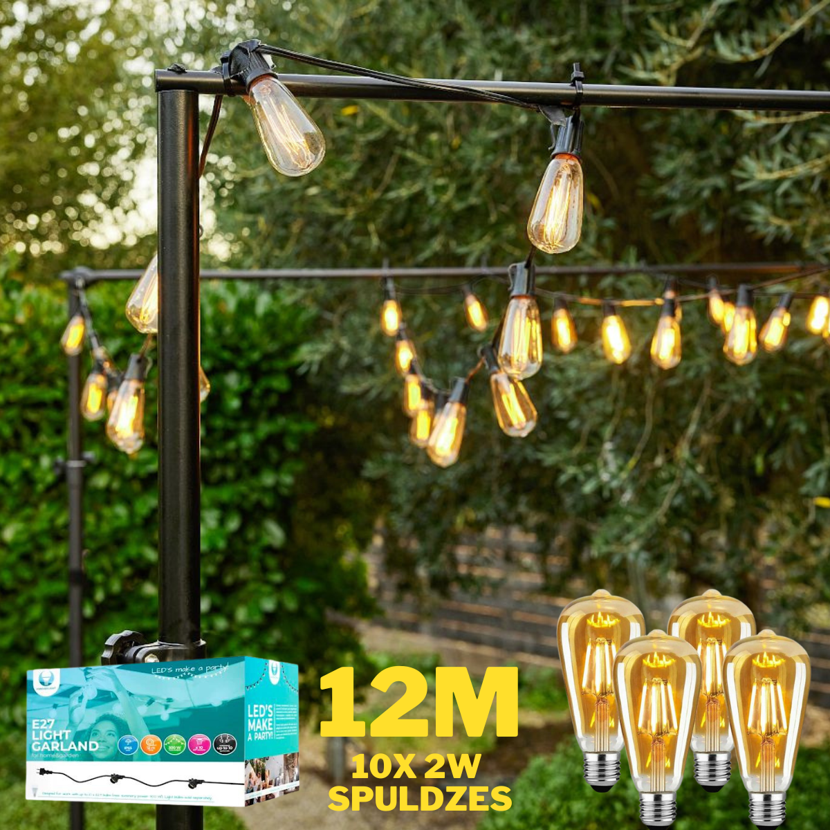 12 meter vattentätt snöre komplett med 10 glödlampor E27 2W(210Lm) LED-lampa Filament, ST64, varmvitt ljus 2700K, snöre med EU-kontakt i början och förseglad sockel i slutet