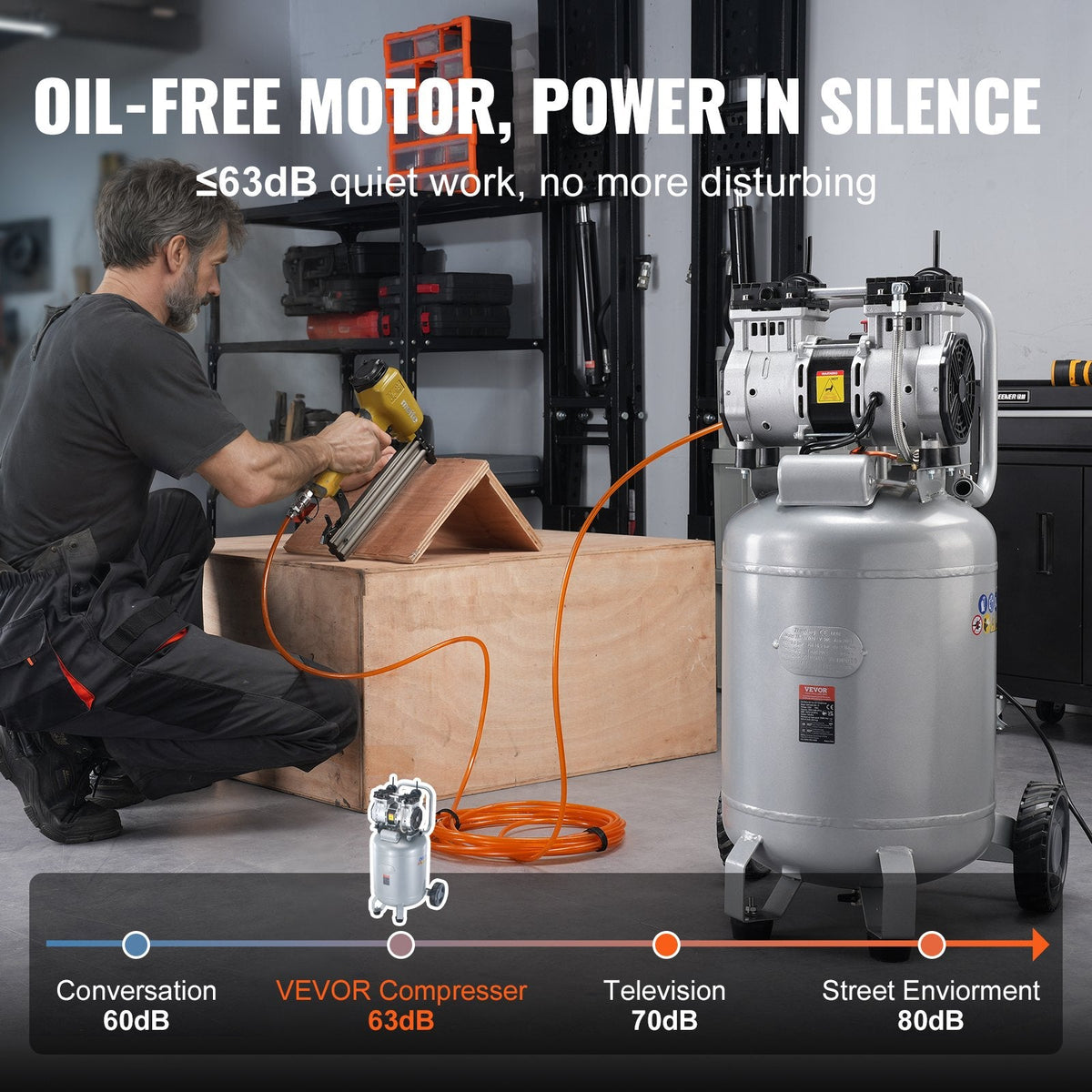 VEVOR 50 L gaisa kompresors, 2 HP, 4 SCFM @ 6,2 bar, bez eļļas, maksimālais spiediens 8 bar (116 PSI)